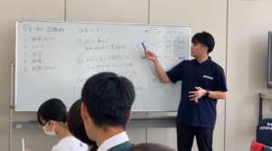 ホワイトボードの前で授業をする講師と生徒たち
