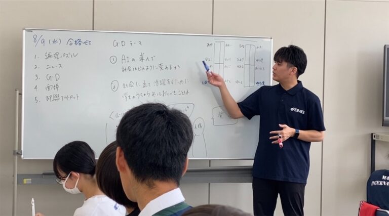 ホワイトボードの前で授業をする講師と生徒たち